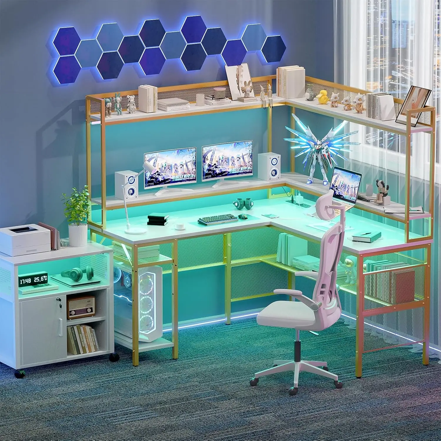 Unikito L Shaped Desk with Power Outlet, Reversible L-Shaped Corner Computer Desk with Storage Shelves & Monitor Stand, Gaming 2