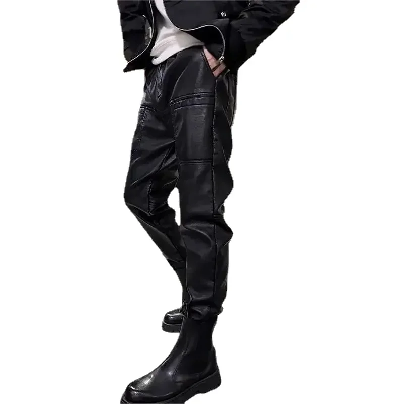2024 Winter High-end Trend Fleece Thickened Leather Pants Men's Waterproof Casual Pants Six Pocket Biker Rider Small Foot Pants