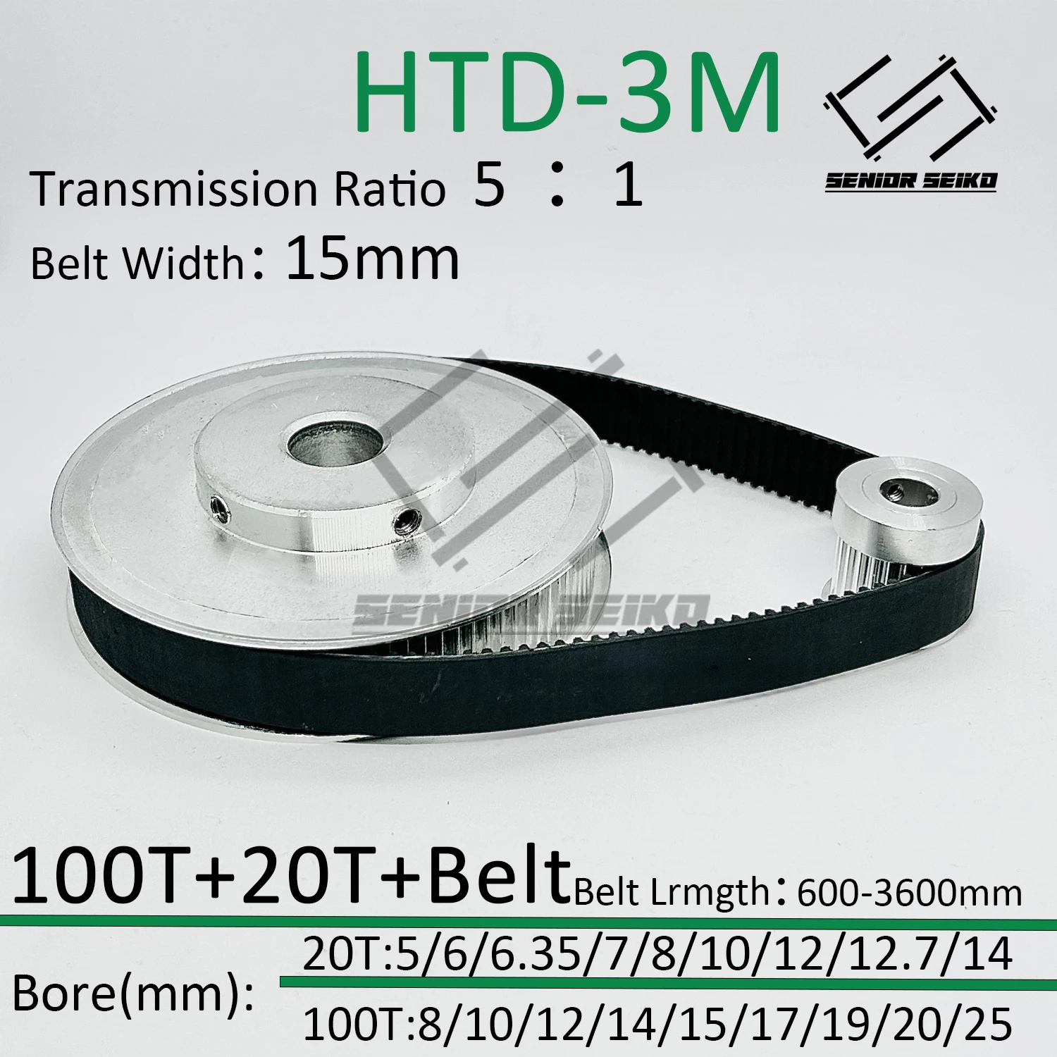 

HTD3M 100Teeth 20T 20Teeth 100T Timing Pulley Belt Set Belt Width 15mm Bore 5~25mm Reduction 5:1 3M Pulley Kit Synchronous Wheel