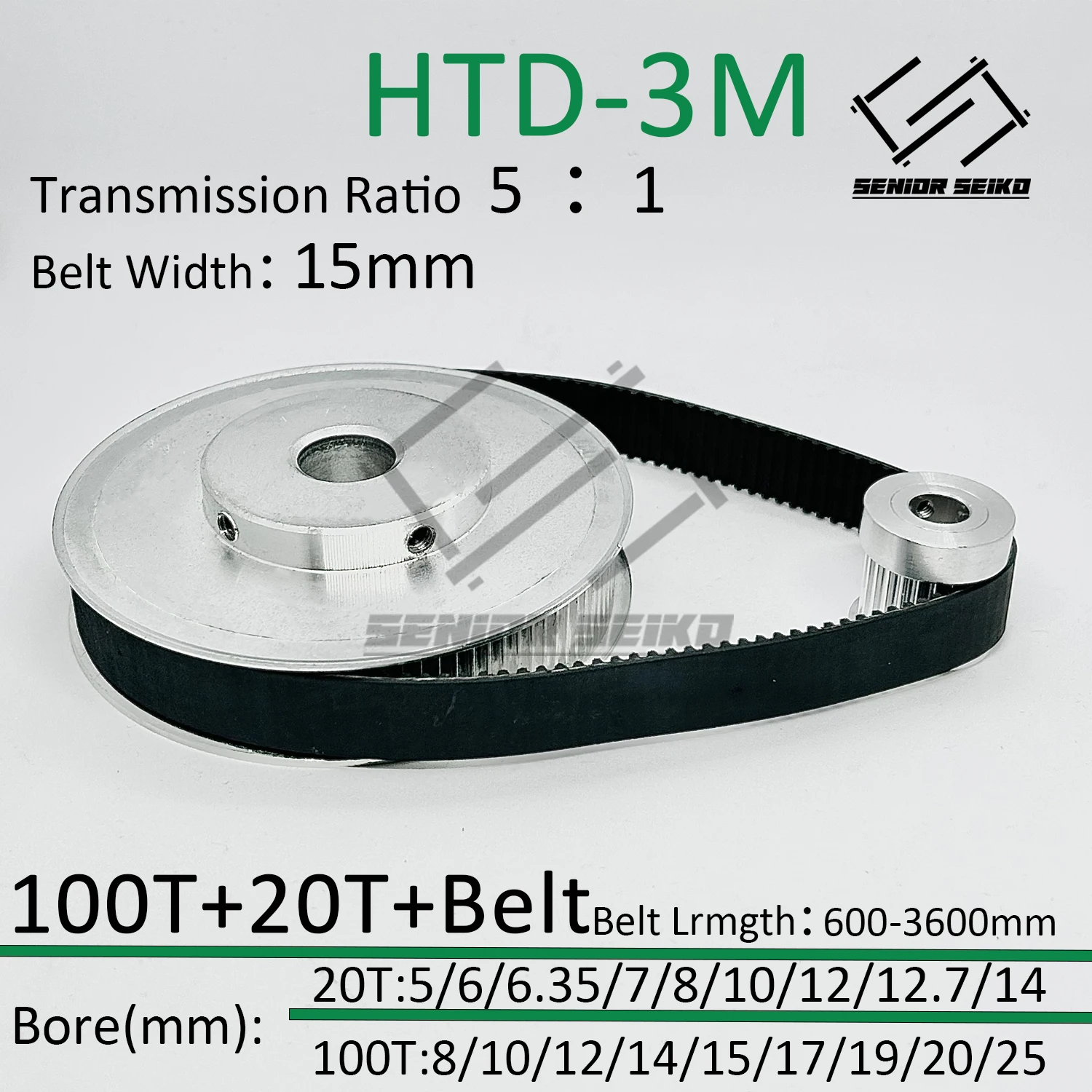 HTD3M 타이밍 도르래 벨트 세트, 100 톱니, 20T, 100T, 벨트 너비 15m..