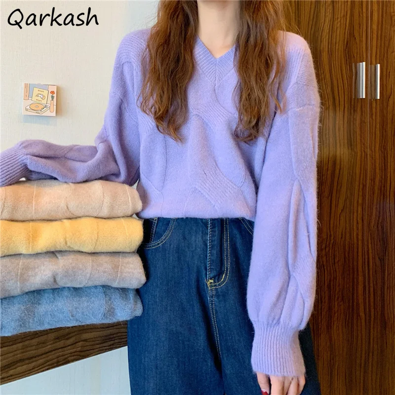 

Lantern Sleeve Pullovers Women Gentle Warm Solid Candy Colors Sweet Design Loose-fit V-neck Knitted Sweaters Femme Korean Style