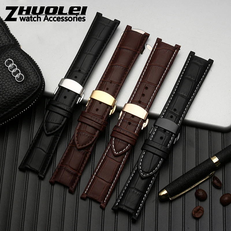 Genuine Leather Watchband with Stainless Steel Butterfly Buckle, Notched Strap Design