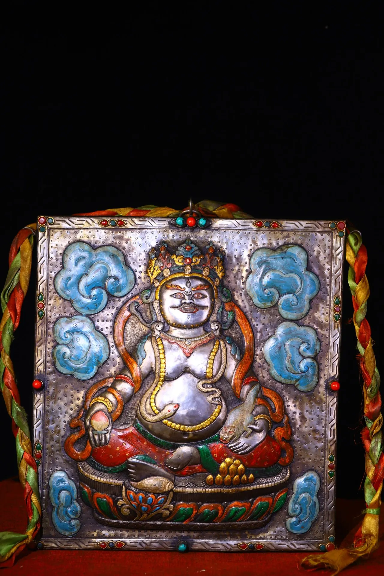 

15"Tibetan Temple Collection Old Tiantie Painted Cinnabar Yellow Jambhala Buddha Thangka Worship Hall Town house Wall hanging