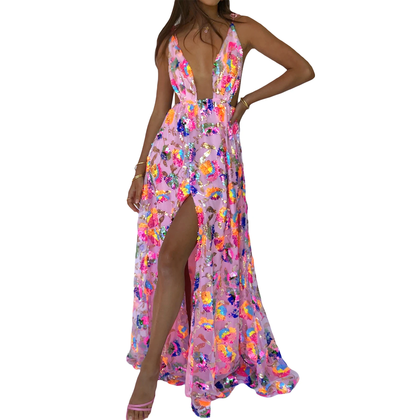 

Женское длинное платье с блестками, блестящее сексуальное платье без рукавов с глубоким V-образным вырезом и открытой спиной, с высоким разрезом, Женская Клубная уличная одежда