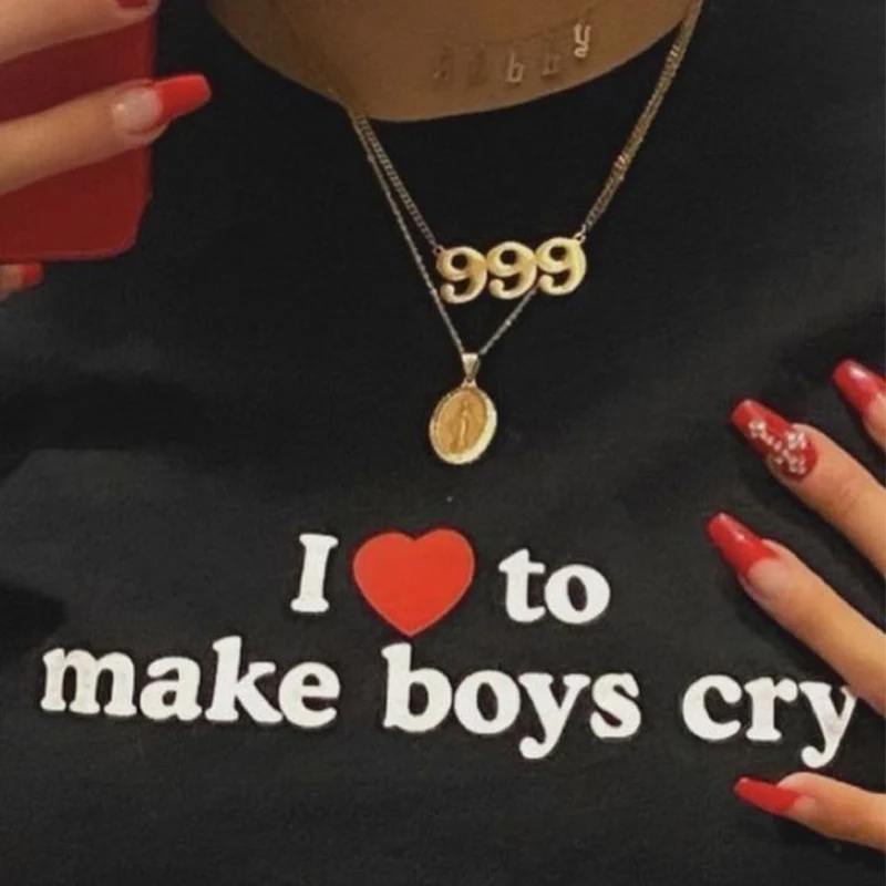 Harajuku letter I love to make boy cry Print T-Shirt short sleeve Skinny Crop tops Women y2k kawaii streetwear Cropped tops Tee