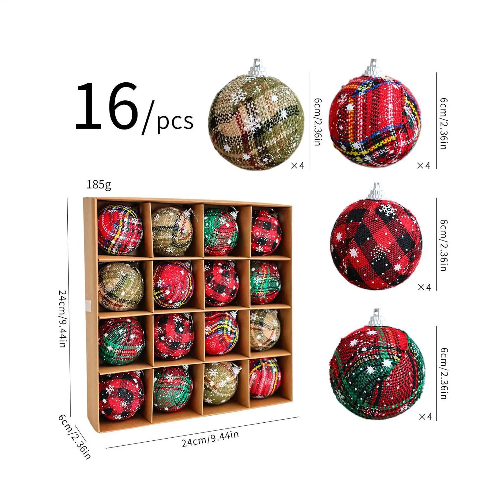 Christmas Tree Ornaments Set 16 Pieces Plaid Fabric Shatterproof Hangable Ornaments Holiday Pendants For Home Living Room