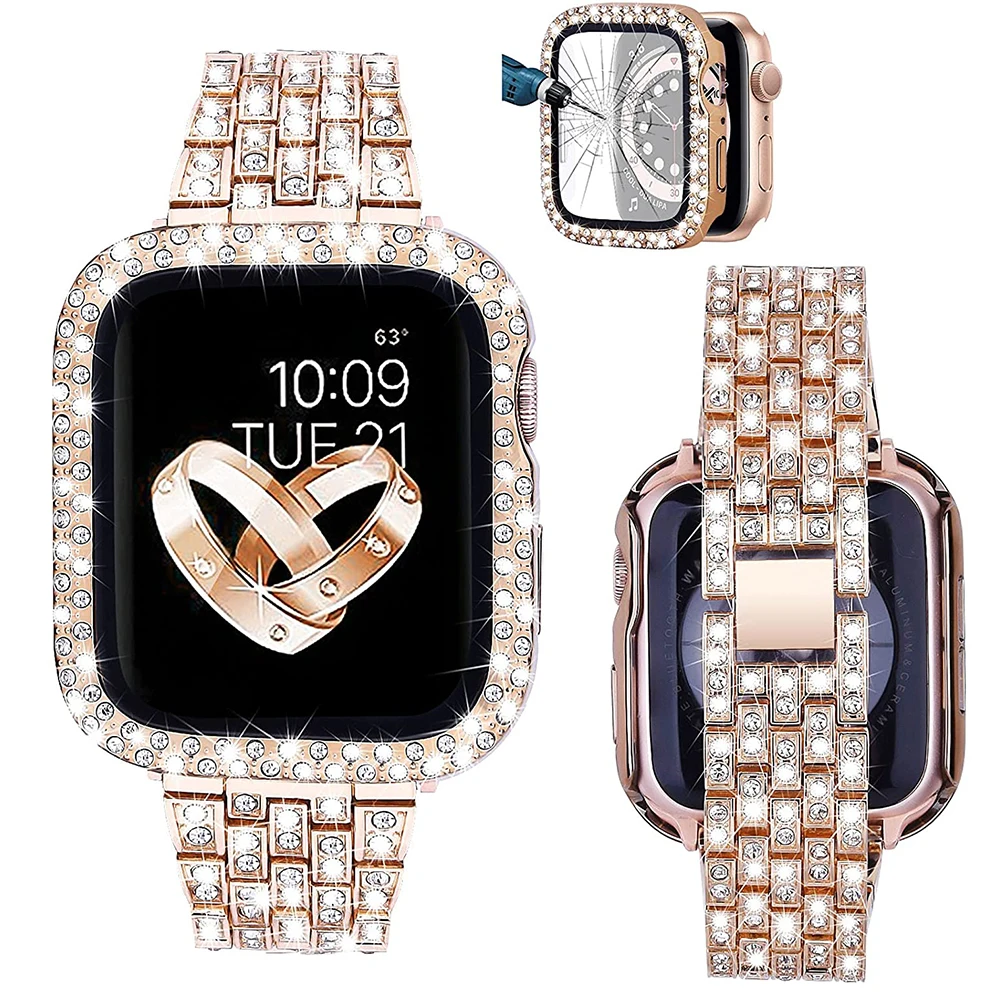 

Женский Алмазный чехол + ремешок для Apple Watch Band 9 8 7 41 мм 45 мм 40 мм 44 мм металлический браслет для iWatch Series 7 SE ювелирный чехол