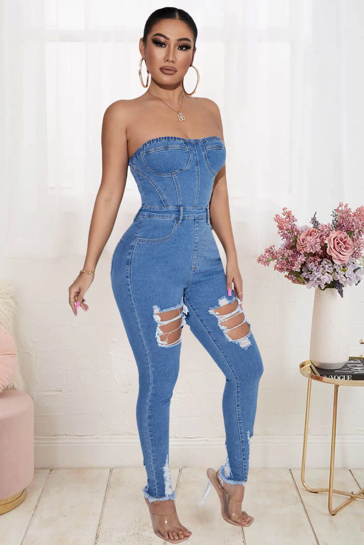 ZARA NEW WOMAN OFF SHOULDER TRF STRAPLESS DENIM JUMPSUIT BLUE Size XS  8197/059 £60.00 - PicClick UK