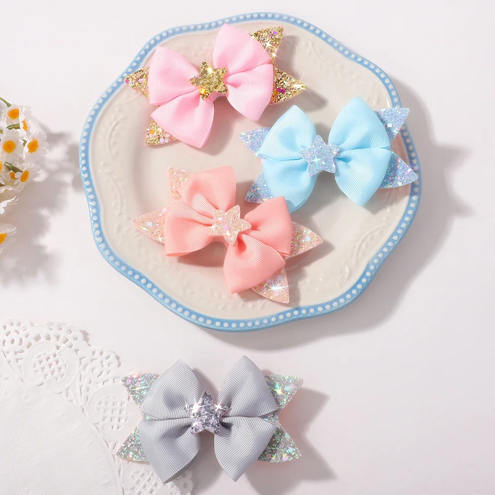RAINBOW BOWS 2Pcs 4.33inch Star Glitter Bow Hair Clips for Girls Boutique Ribbon Dovetail Bow Barrette Headwear Hair Accessories