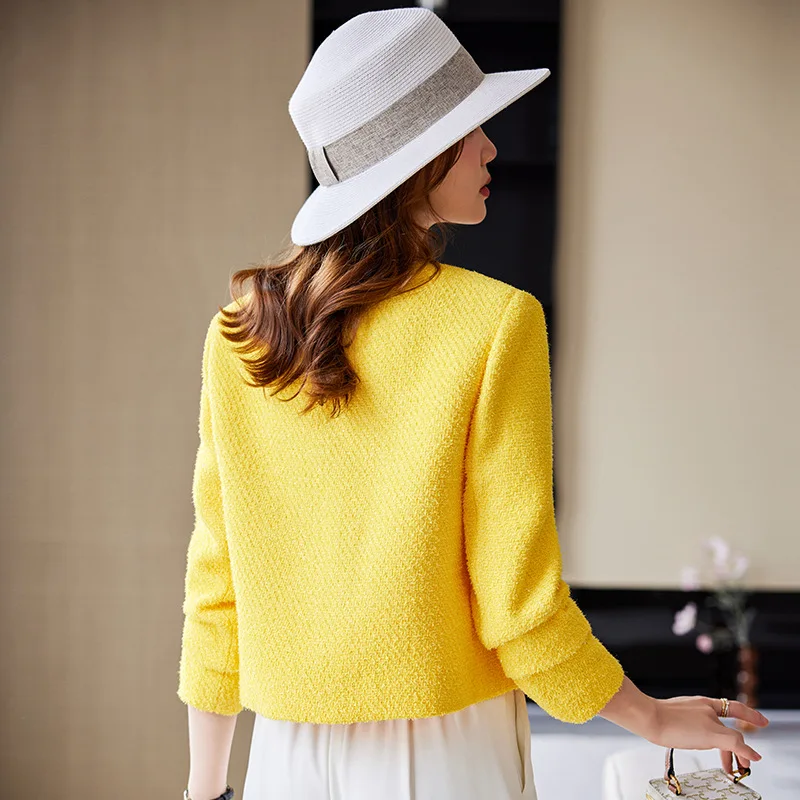 High quality blazer for women short jacket wool blend single breasted new spring 2024 elegant fashion clothes - black yellow