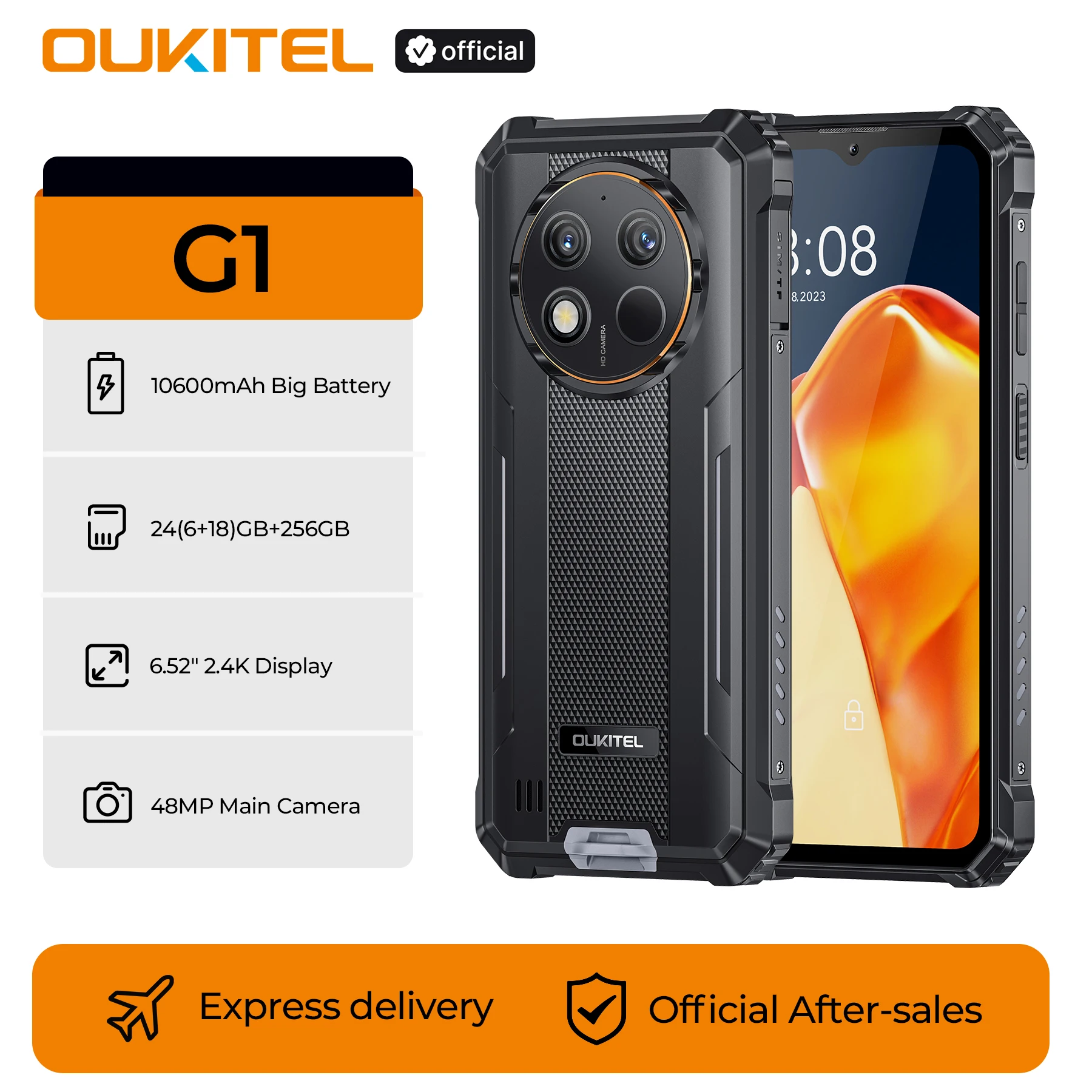 OUKITEL G1 Androidスマホ (6+18)GB + 256GB OUKITEL G1 Rugged Phone - 10600mAh, 24(6+18)GB+256GB, 6.52