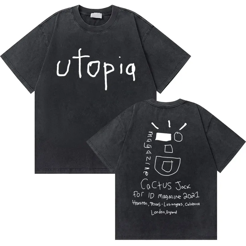 

Vintage Washed Old Cactus Jack Utopia Graphic T-shirt Male Hip Hop Oversized Tshirt Short Sleeve Men's Fashion Trend Streetwear