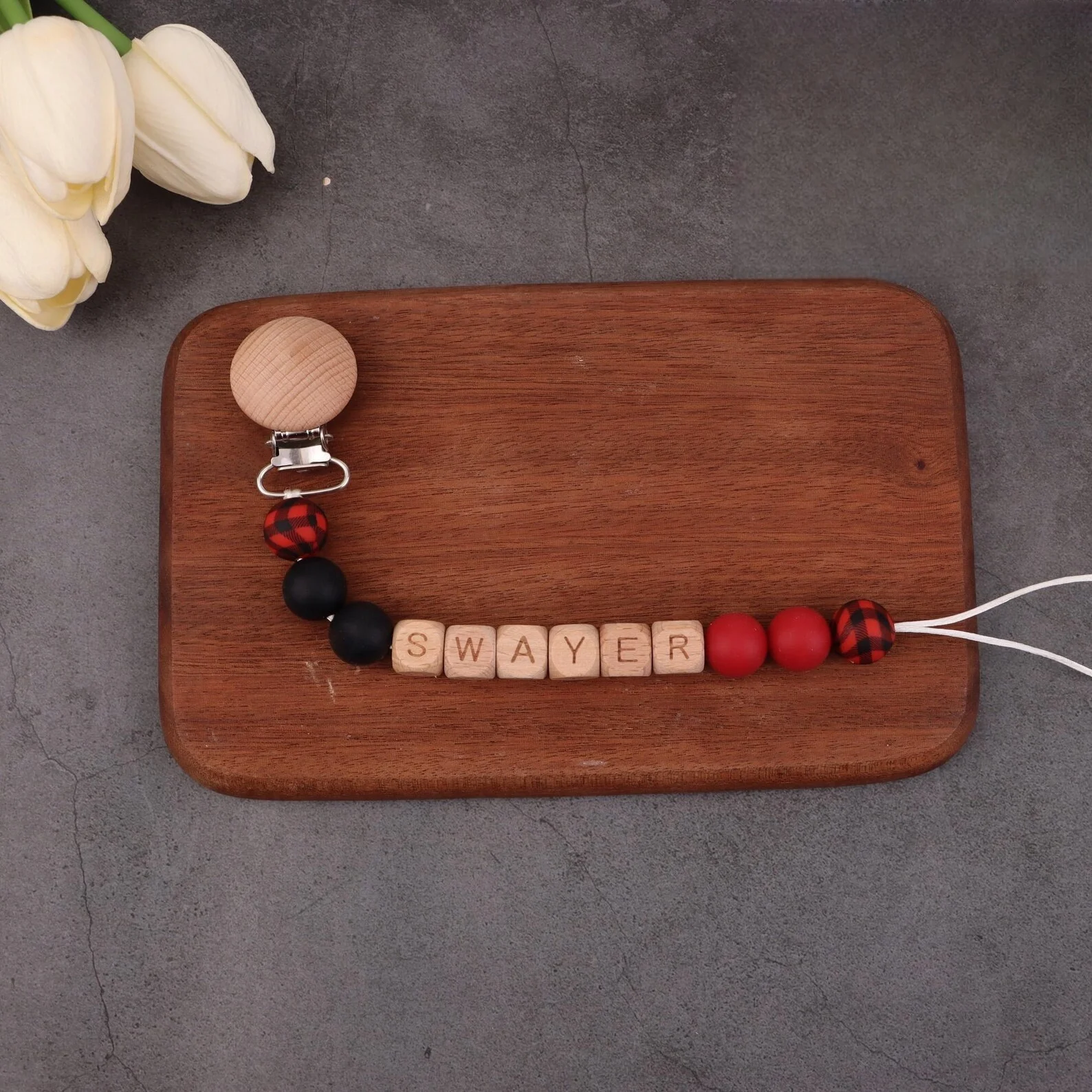 Custom Name Baby Pacifier Leash - Wooden Beads & Colorful Accents, Unique Soother Chain, Baby Essentials