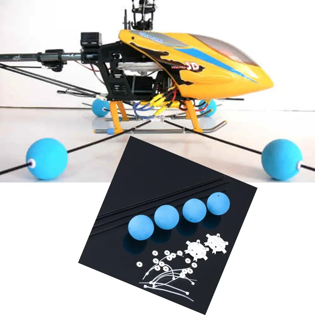 Kit de roues d'atterrissage en mousse pour hélicoptère RC installé sous un modèle réduit, prêt à l'emploi.