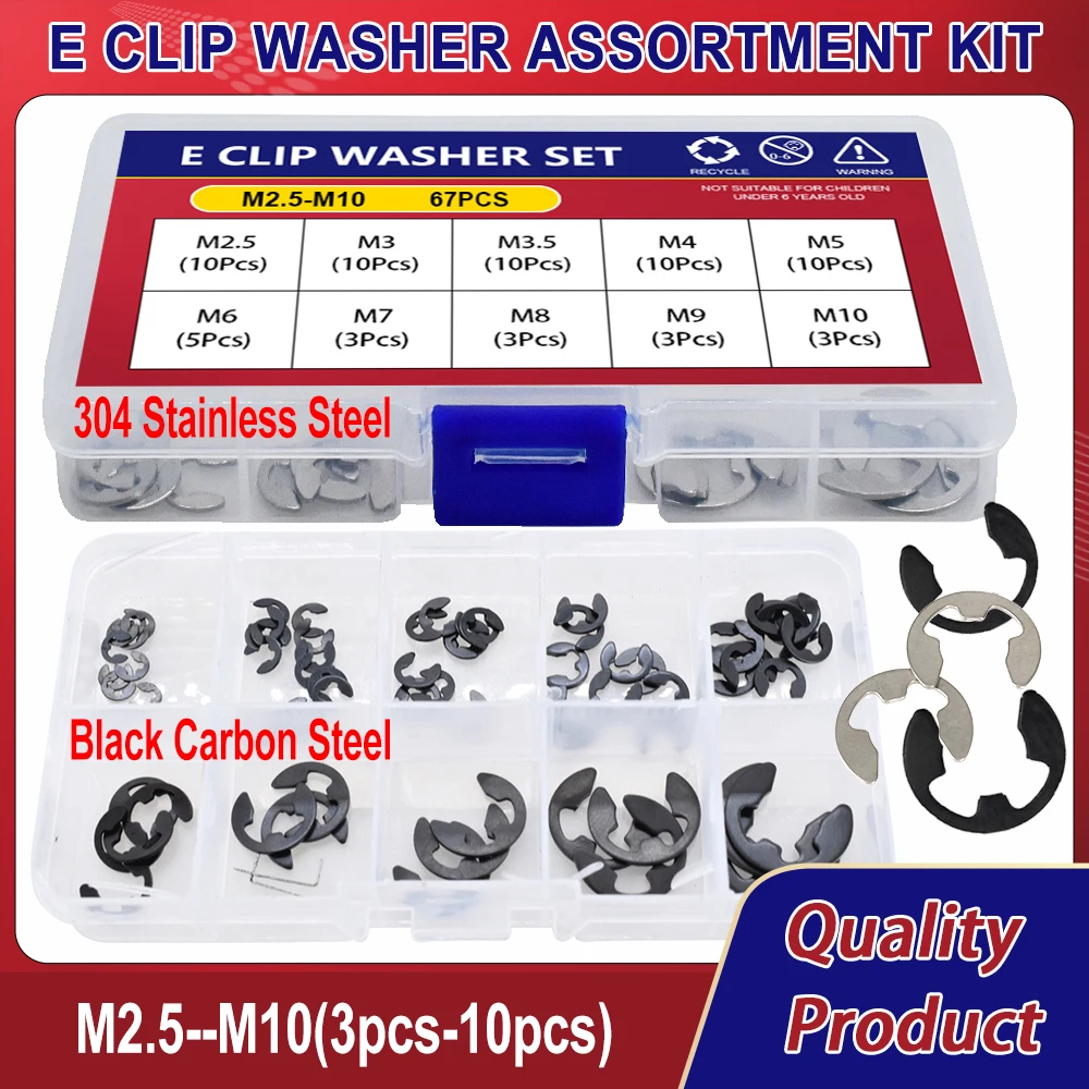 

67pcs 304 Stainless Steel E-Clip Set Black Carbon Steel Circlip Washer Assortment Kit Retaining Ring for Shaft Fastener M2.5~M10
