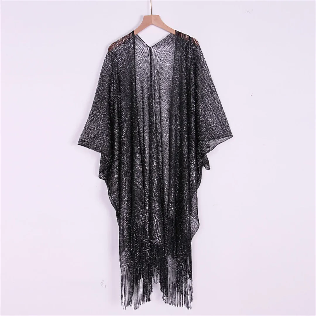 Sexy Fringe Tassel Mesh Sheer Shiny Knitted Tunic Beach Cover Up Cover-ups Beach Dress Beach Wear Beachwear Female Women