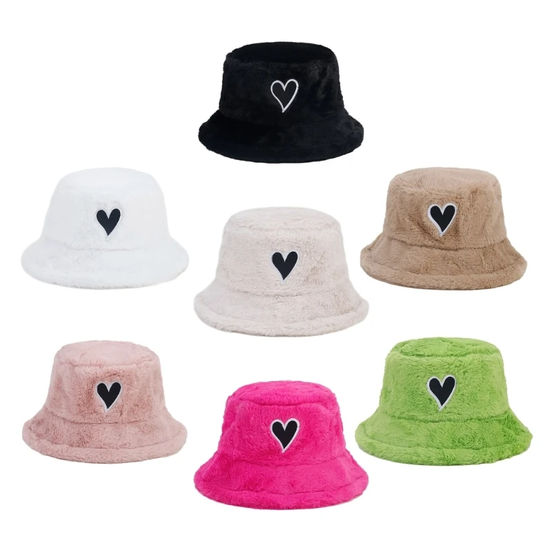 

Ladies Plush Heart Patchwork Fisherman Hat Wide Brim Bucket Hat Keep Warm Cap