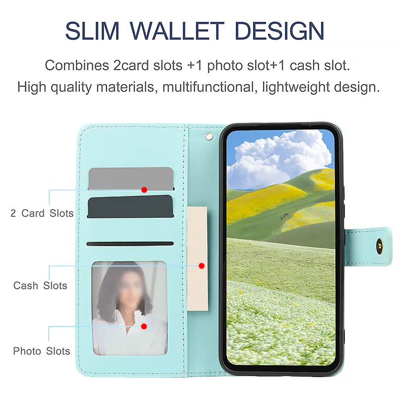 Checkered Leather Flip Wallet Phone Case with Card Slot and Stand