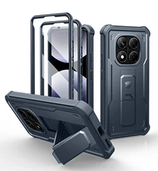 Shockproof Bumper Protective Case with Built - in Sliding Camera Cover, Screen Protector, and Kickstand for Redmi Note 14 Pro 5G (Global) (Navy blue)