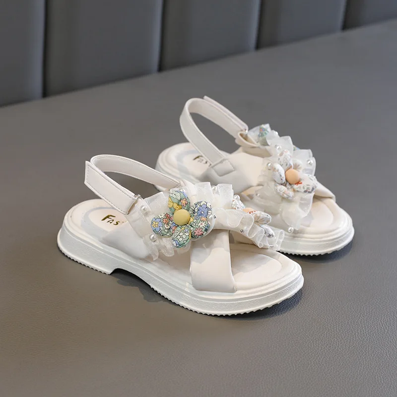 

Summer Little Girls Sandals New Princess Flower Lace Pleated Children Pearl Sandals Toddler Baby Soft Casual School Kids Sandals