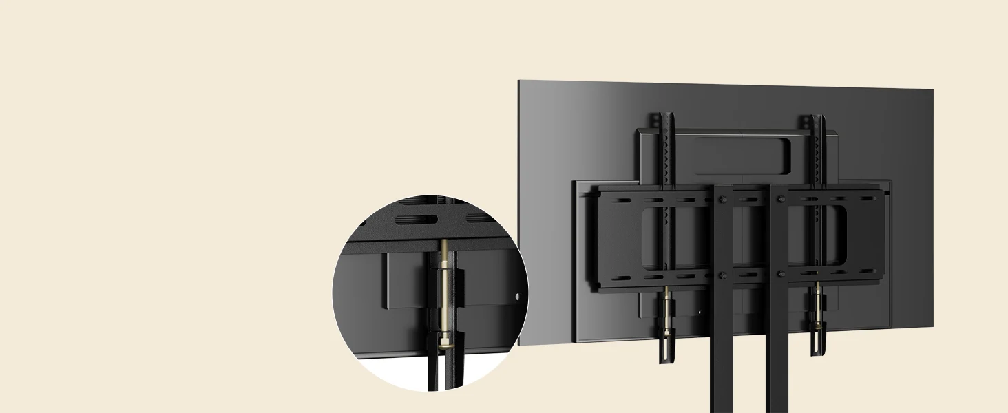 Black TV wall mount with multiple articulating arms. Close-up shows cable management feature. Mount designed for flat-screen televisions with adjustable positioning.