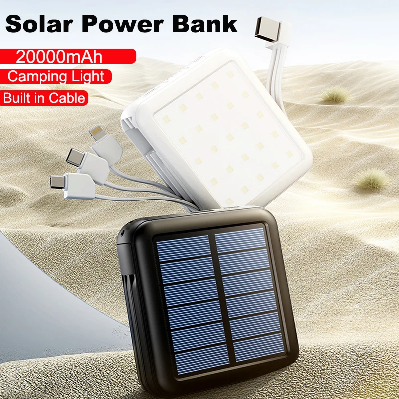 Mini Solar Power Bank 20000mAh Outdoor Portable 2.1A Fast Charging Poverbank Solar Panel Charger Powerbank With Camping Light_voghion.com