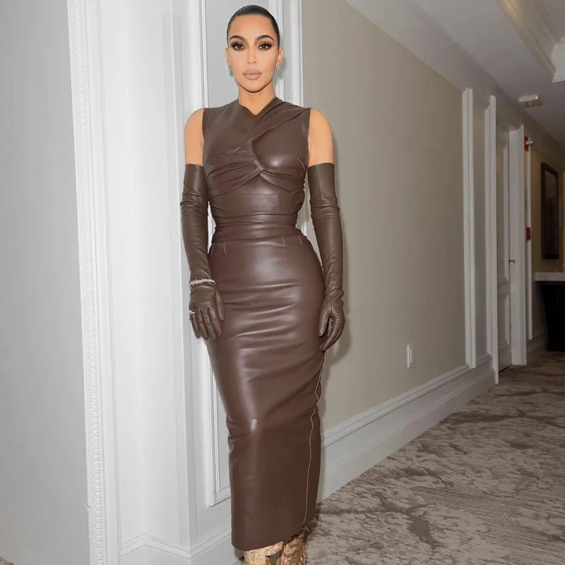 

2022 Autumn And Winter Women's Pleated Round Neck Sleeveless Temperament Long Zipper Sexy Party PU Dress