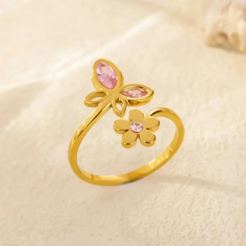 Zircon Flower Rings Stainless Steel Jewelry Gift For Women