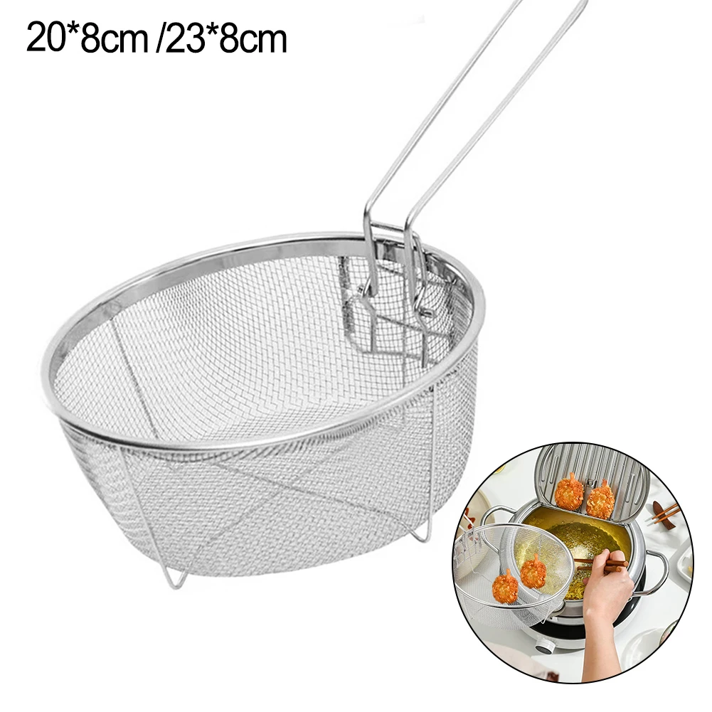 

Stainless Steel Deep Fry Basket Deep Round Fryer Wire Mesh French Chip Frying Strainer Basket With Handle Wire Colander Net