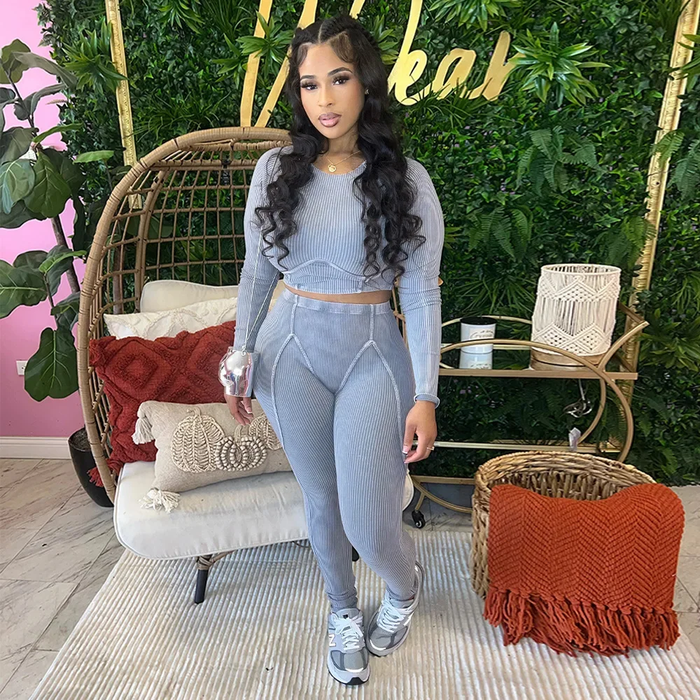 Fitness Ribbed Women Tracksuit Two Piece Set Elegant 2 Pieces Sets Outfit Sweatsuit 2023 Women Winter Fall Two Piece Pant Sets