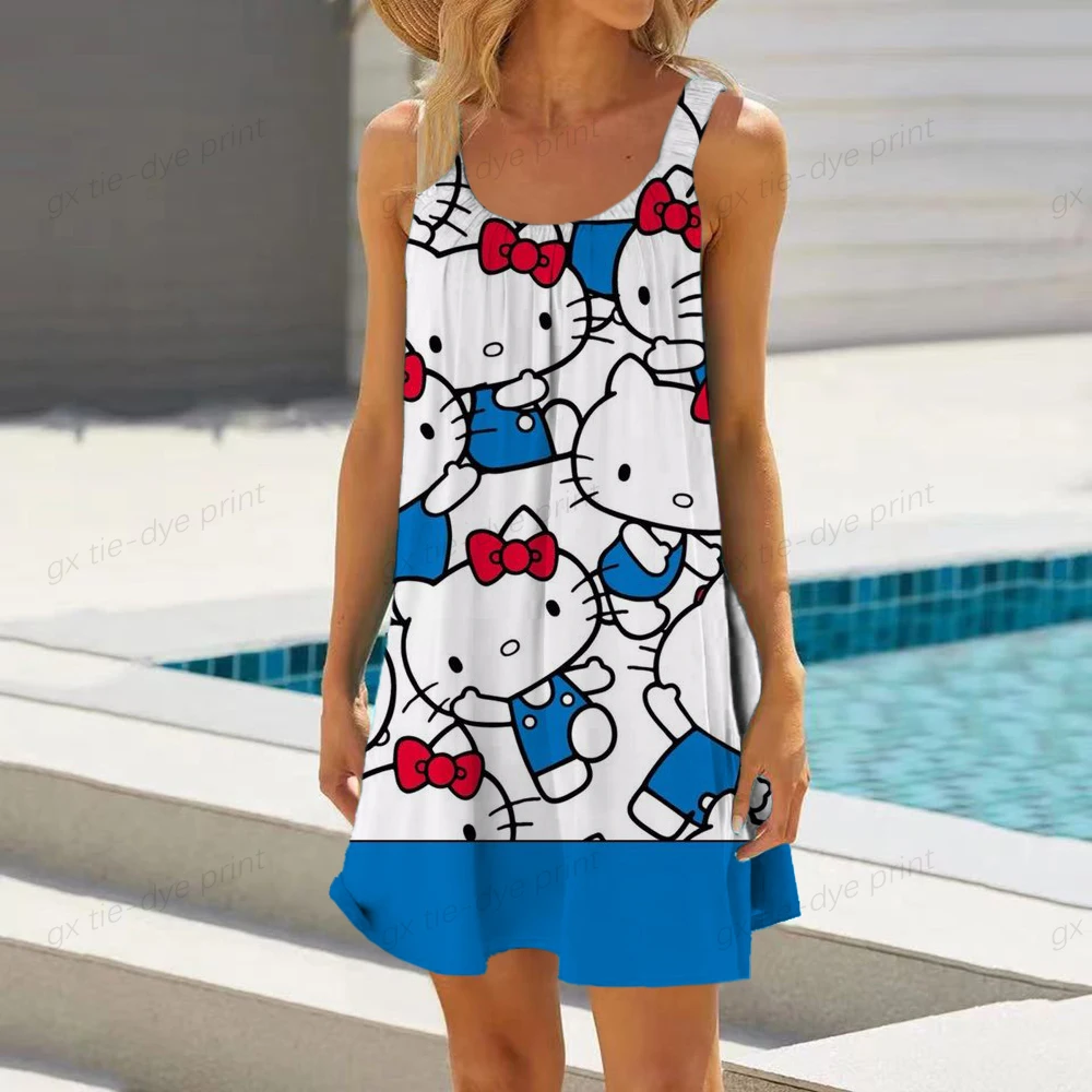 

Fashion Women Summer Beach Dress Hello Kitty Print Bohemian Loose Sling Dresses Sleeveless A-Line Dresses Beachwear Sundress