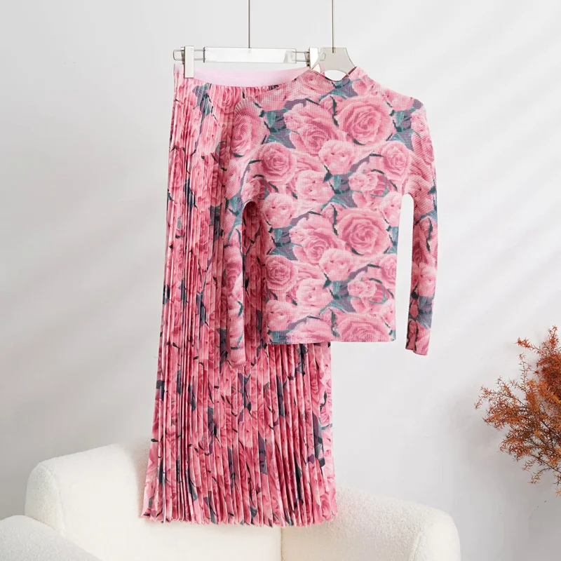 Autumn Miyake Pleated New Corn Fold Pink Flower Print Long Sleeve T-Shirt   Fashion A-Line Pleated Skirt Set Two Pieces Suit changpleat women suit miyake fold fashionable plus size slim three quarter sleeve dress nine point pants two piece suit