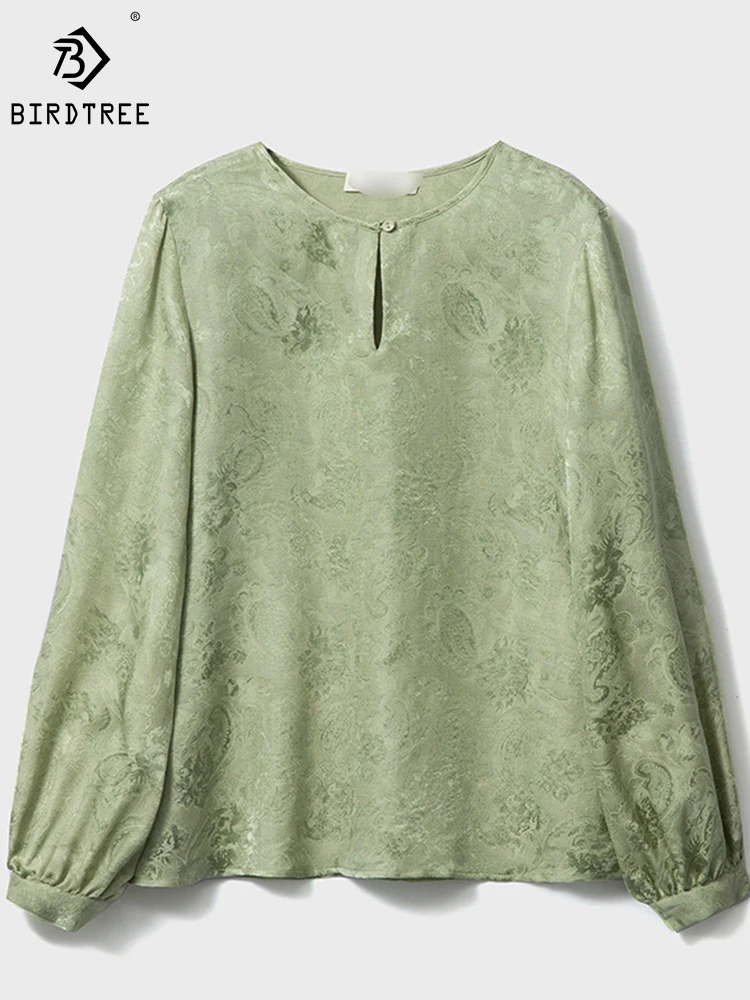 

Birdtree 100%Mulberry Silk Flower Luo Jacquard Shirt Round Neck Balloon Sleeve Temperament Elegant Top Autumn New Style T39115QD