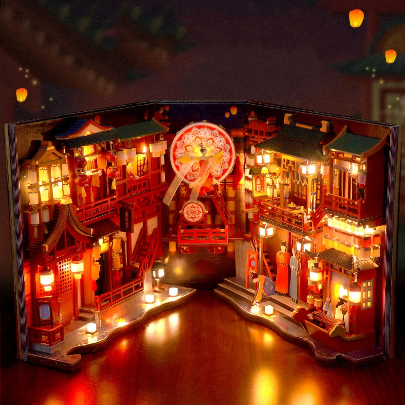 DIY Book Nook Wooden Miniature Model Kit Tang Dynasty Street View Bookend Assembled 3D Puzzle Bookshelf Home Decor Adults Gifts 3