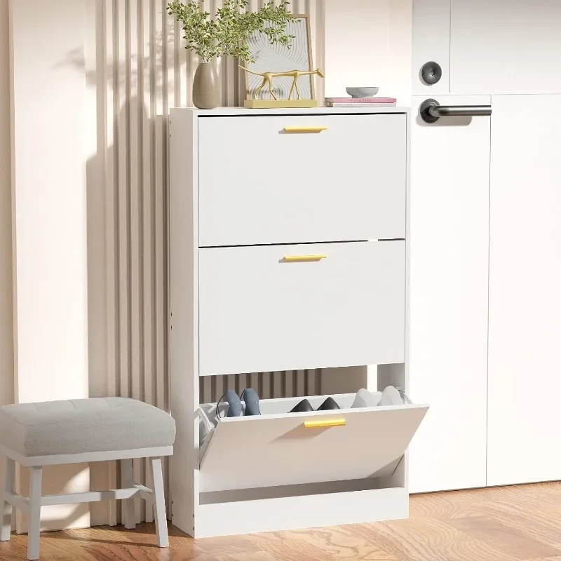 Shoe Cabinet Storage with 3 Flip Drawers for Entryway, White Slim Freestanding Modern Narrow Shoe Organizer Rack