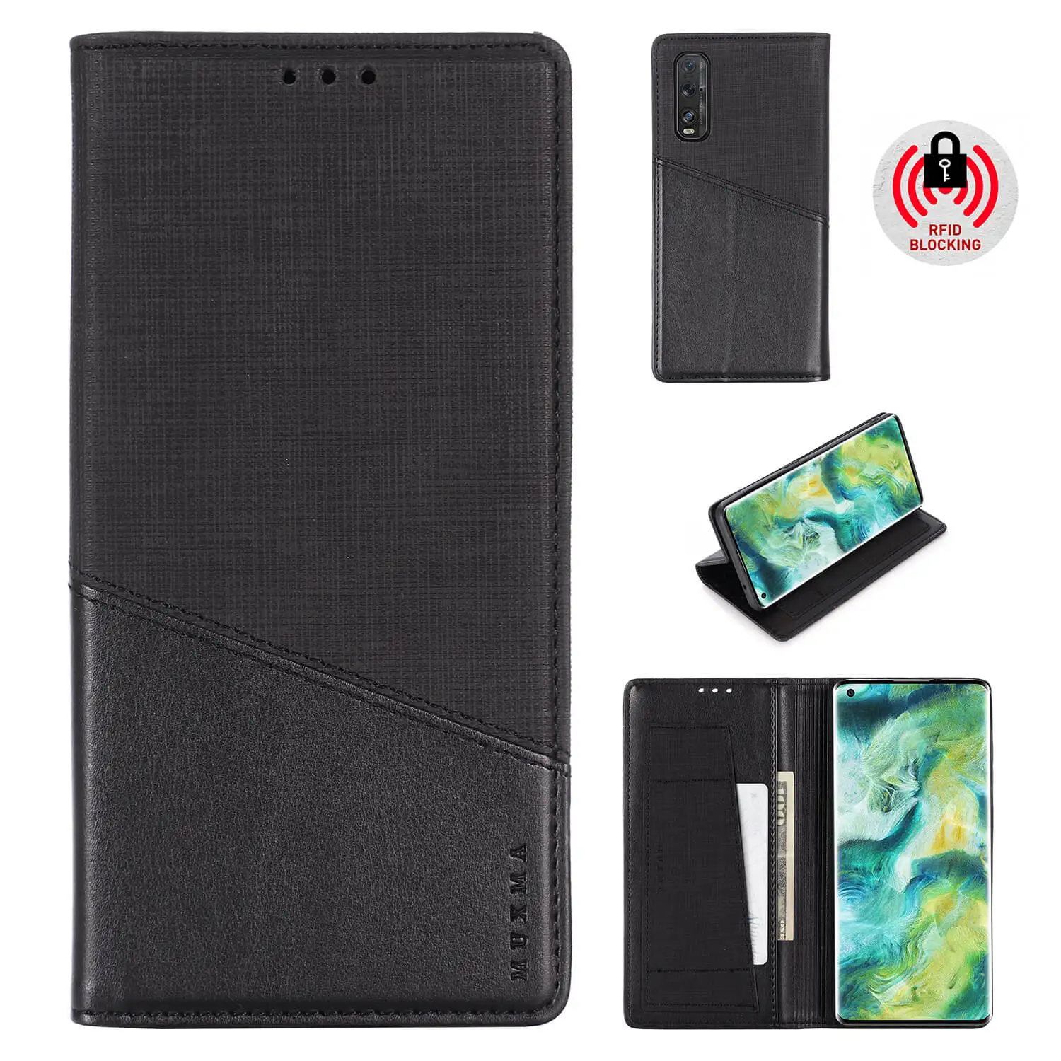 

MUXMA Vintage Business Leather Case for OPPO Find X2 X5 Pro X3 Lite Shockproof RFID Blocking Slim Wallet Magnetic Flip Case