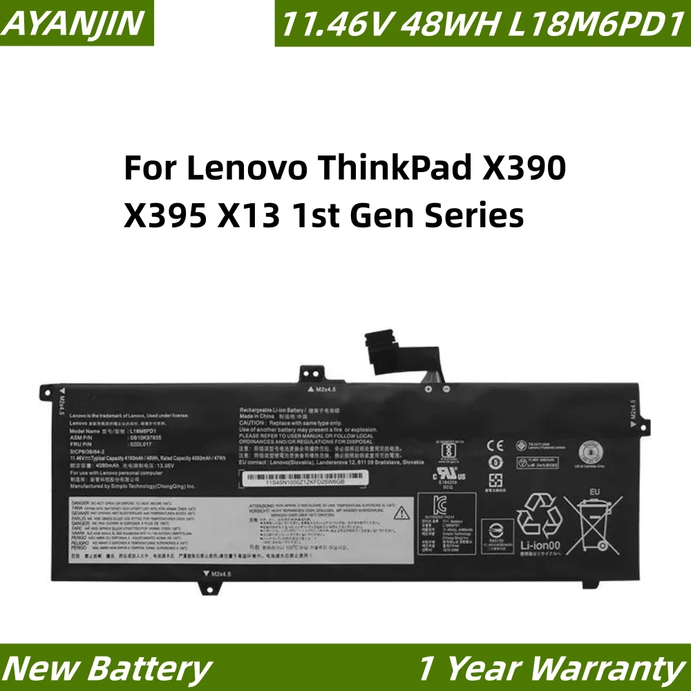 Аккумулятор L18M6PD1 11,46 в 48 Втч для Lenovo ThinkPad X390 X395 X13 серии 1-го поколения L18C6PD1 L18L6PD1 02DL017 SB10K97655 02DL018 nobi 48wh l18m6pd2 laptop battery for lenovo thinkpad x390 x395 tp00106a b c l18c6pd2 l18m6pd1 02dl017 18 19 20 sb10k97656series