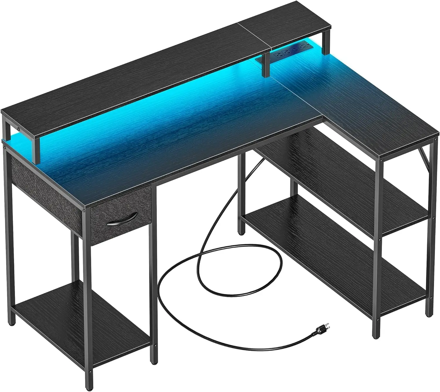 L Shaped Gaming Desk with LED Lights & Power Outlets, Reversible Computer Desk with Storage Shelves & Drawer