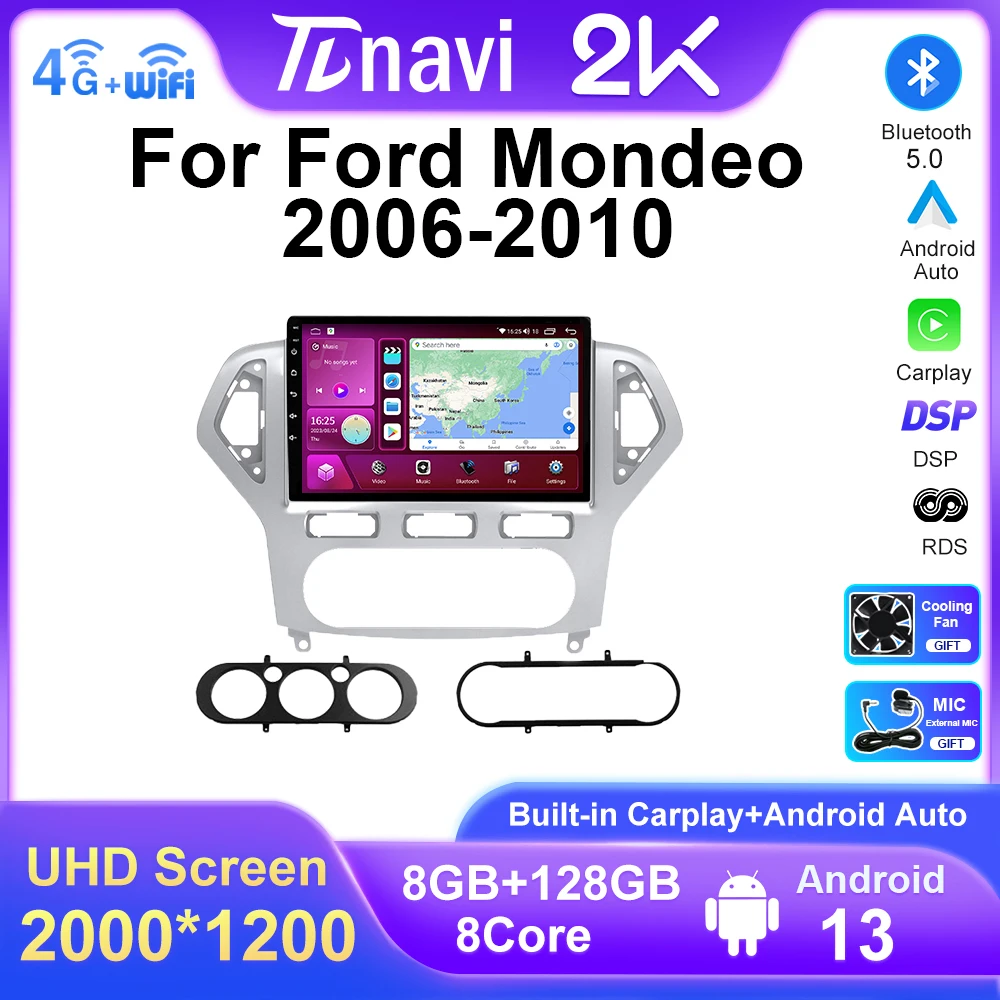 

2K экран Android 13 для Ford Mondeo mk4 2006 2007 - 2010 Автомагнитола мультимедийный видеоплеер GPS навигация 2Din 4G WIFI Carplay