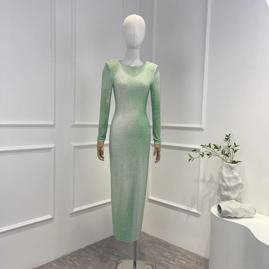 

2023 New Arrivals High Quality Vintage Long Sleeve Light Green Gradient Diamonds Midi Dress for Party Elegant Woman Clothes