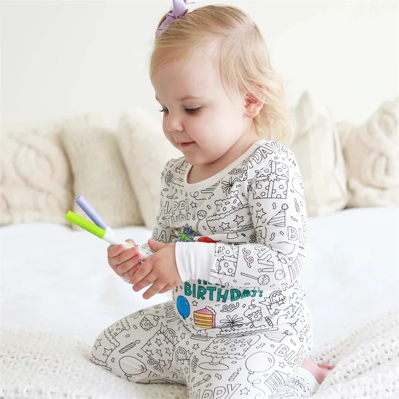 Colorable Two Piece Pajama Set for Children Boys Girls Color Your Own Handcraft Pyjamas Christmas Kids DIY Coloring Clothing
