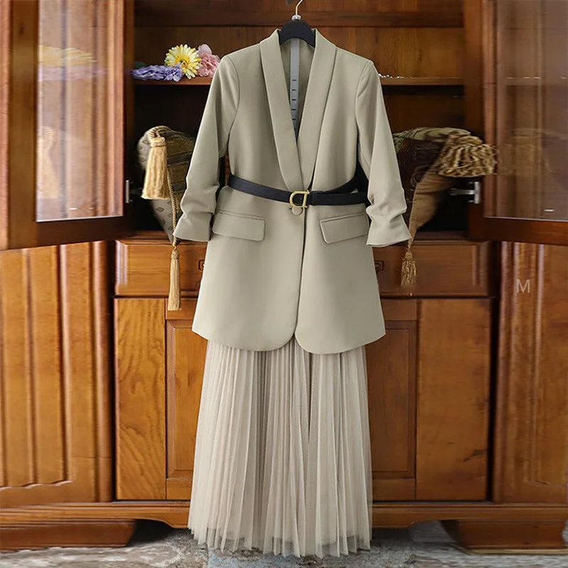 

2021 Fall Winter Women Oversized Two-piece Set Long Coat Suit and Mesh Skirt Female Elegant Solid Blazer Dress Suits with Belt