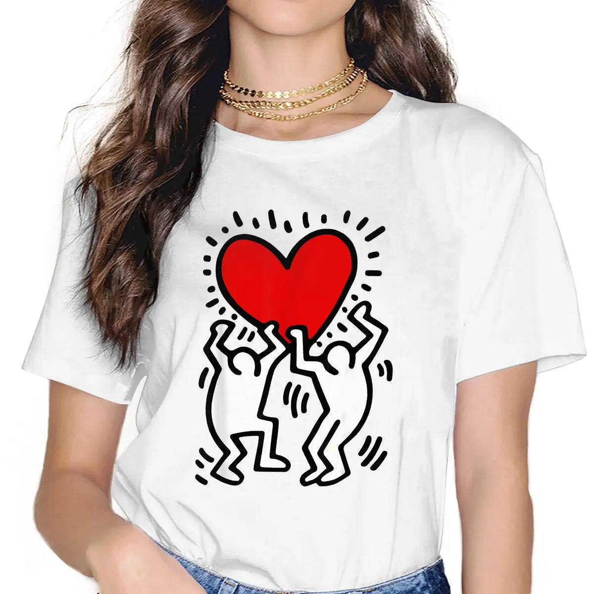 

Heart Retro Haring Geometric Graffiti Women T Shirt Fibre Grunge O-Neck Polyester TShirt