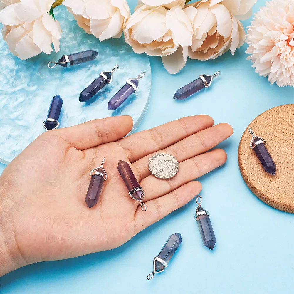 10pcs Natural Fluorite Stone Hexagonal Pendulum Reiki Charm Pendants For DIY Jewelry Making Necklaces 39x10x12mm