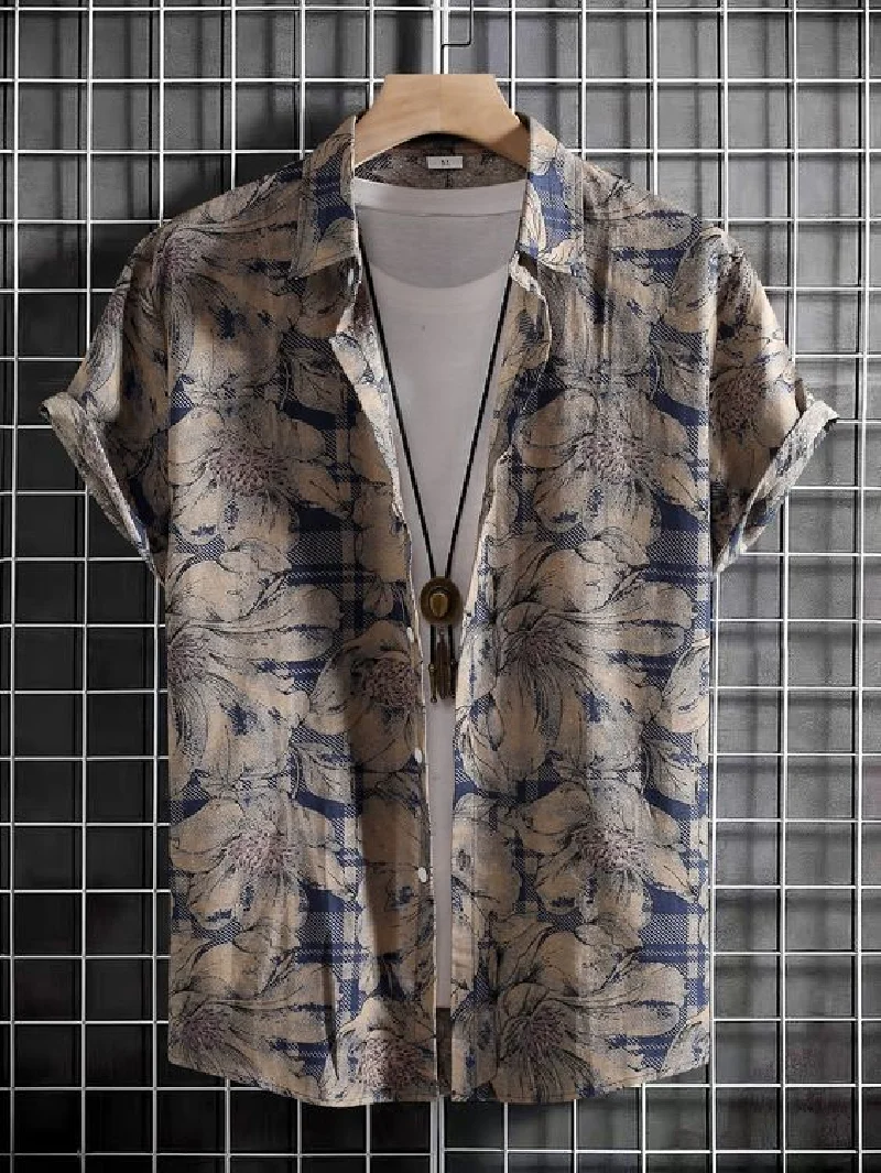 Summer men's short sleeved shirt T-shirt with retro print