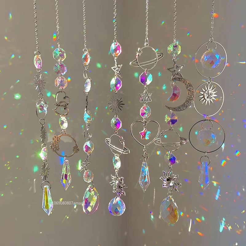 Silver Suncatcher Crystal Moon Lotus Chakra Hanging Garden Decoration Sun Catcher Rainbow Maker Stained Glass Outdoor Decor Gift crystal sun catcher,crystal hanging decoration,crystal ornament,crystal wall hanging,glass pendant ornament,crystal light catcher,window hanging suncatcher