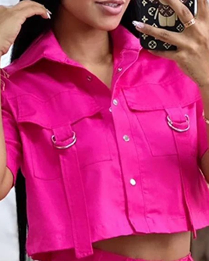 Women's Casual Two-Piece 2024 Summer Foldable Collar Short Sleeved Exposed Navel Top and Buckle Pocket Design Work Shorts Set
