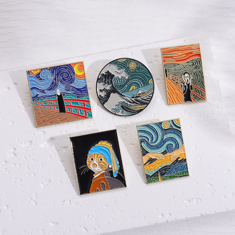 Adaptación famosa pintura al óleo alfileres esmaltados personalizado al por mayor Van Gogh broche artístico Pin de solapa insignia regalo de dibujos animados para amigos