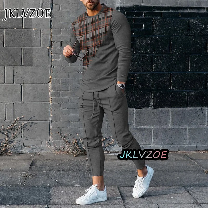 Autumn Men Clothing Men Long Sleeve TShirt+Trousers Casual Tracksuit 2 Piece Suit 3D Printed Check Male Sportswear Oversized Set