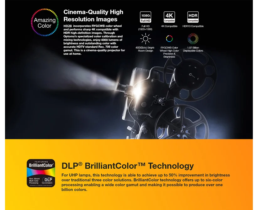Optoma-프로젝터 HD28eH 1080P 풀 HD DLP 전문 HDR 비디오 비머 4000 루멘 3D 프로젝터, 홈시어터 시네마용